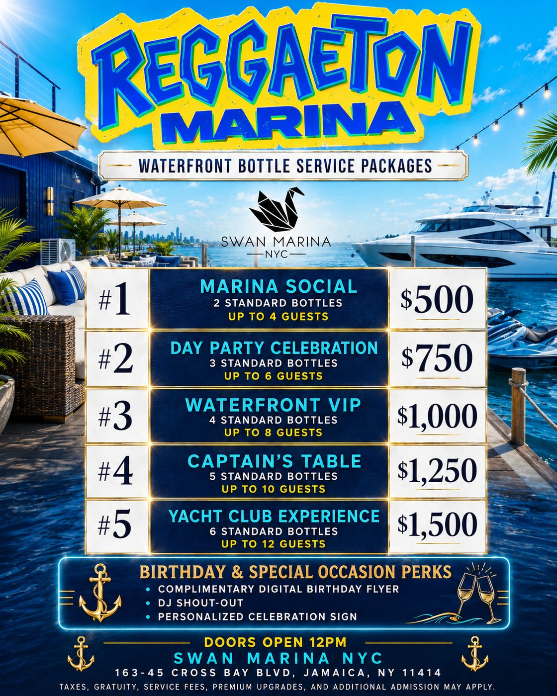 Waterfront bottle service packages